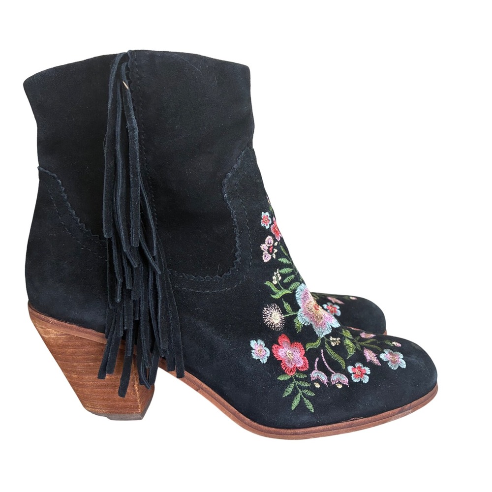 Sam Edelman Letti Boots 7.5 Fringe Ankle Suede Embroidered Whimsigoth Fairy Boho